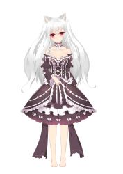 Rule 34 | 1girl, :o, animal ears, bad id, bad pixiv id, bare shoulders, barefoot, black dress, breasts, cat ears, character request, cleavage, dress, full body, gothic lolita, highres, lolita fashion, long hair, looking at viewer, niliu chahui, original, qing lan, red eyes, silver hair, simple background, solo, tokisaki mio (niliu chahui), transparent background, white background