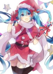 Rule 34 | 1girl, :d, black thighhighs, blue eyes, blue hair, blush, boots, bow, candy, candy cane, capelet, commentary request, dress, food, fur-trimmed capelet, fur-trimmed dress, fur-trimmed gloves, fur-trimmed headwear, fur trim, gloves, hair between eyes, hair bow, hands up, hat, hatsune miku, highres, holding, holding candy, holding food, long hair, open mouth, pennant, red bow, red capelet, red dress, red footwear, red gloves, red hat, santa costume, santa hat, simple background, smile, solo, standing, standing on one leg, star (symbol), string of flags, thighhighs, twintails, very long hair, vocaloid, white background, yuruno