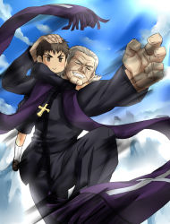 Rule 34 | 2boys, :&gt;, brown hair, cross, cross necklace, day, closed eyes, fate/zero, fate (series), father and son, grey hair, jewelry, kotomine kirei, kotomine risei, manly, multiple boys, necklace, scarf, sky, urako