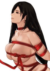 Rule 34 | 1girl, areola slip, arms behind back, bad id, bad pixiv id, black hair, bound, breasts, collarbone, commentary, completely nude, earrings, english commentary, final fantasy, final fantasy vii, highres, j@ck, jewelry, large breasts, long hair, low-tied long hair, naked ribbon, nude, parted lips, red eyes, red ribbon, restrained, ribbon, ribbon bondage, simple background, skindentation, solo, swept bangs, tifa lockhart, upper body, white background
