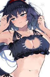 Rule 34 | 1girl, :3, animal ear fluff, animal ears, arknights, armpits, bare shoulders, black bra, black hair, blaze (arknights), blue eyes, blue hair, blush, bra, breasts, cat cutout, cat ears, cat girl, cat lingerie, cat tail, cleavage cutout, closed mouth, clothing cutout, commentary, cropped arms, frilled bra, frills, hairband, highres, kyuu (plastic night q), large breasts, long hair, looking at viewer, looking to the side, meme attire, navel, paid reward available, red hairband, simple background, smile, solo, spoken blush, stomach, tail, underwear, upper body, white background