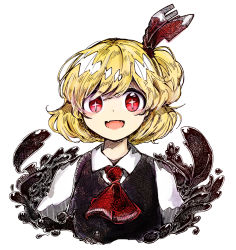 Rule 34 | + +, 1girl, ascot, black vest, blonde hair, commentary request, cropped torso, darkness, fangs, hair ribbon, looking at viewer, open mouth, red ascot, red eyes, red ribbon, ribbon, rumia, shirt, short hair, simple background, skin fangs, smile, solo, tama (hiroshige 36), touhou, upper body, vest, white background, white shirt