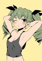 Rule 34 | 10s, 1girl, absurdres, anchovy (girls und panzer), armpits, arms behind head, barashiya, blush, breasts, cleavage, cowboy shot, drill hair, girls und panzer, green hair, highres, medium breasts, midriff, navel, one eye closed, red eyes, sideboob, solo, strap gap, tank top, twin drills, twintails, yellow background