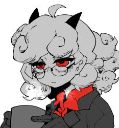 Rule 34 | 1girl, ahoge, coffee, coffee cup, coffee mug, cup, curly hair, demon, demon girl, demon horns, disposable cup, expressionless, formal, glasses, gloves, helltaker, highres, horns, mug, pandemonica (helltaker), ponytail, red eyes, red shirt, shirt, solo, ssambatea, suit, tired