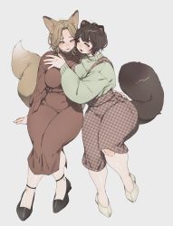 Rule 34 | 2girls, :d, absurdres, animal ears, arm around waist, arm support, black footwear, blonde hair, blush, breasts, brown hair, brown pants, dress, fox ears, fox tail, full body, green shirt, grey background, highres, huge filesize, invisible chair, large breasts, long dress, looking at viewer, medium hair, mole, mole under eye, multiple girls, muroku (aimichiyo0526), open mouth, original, pants, parted lips, plump, raccoon ears, raccoon girl, raccoon tail, red dress, shirt, shoes, simple background, sitting, smile, strappy heels, tail, thick thighs, thighs, unmoving pattern, wide hips, yellow eyes, yuri