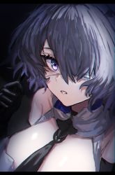 Rule 34 | 1girl, arknights, bare shoulders, black gloves, black necktie, breasts, elbow gloves, eyepatch, from above, gloves, hair over one eye, highres, horn/wood, large breasts, letterboxed, looking at viewer, looking up, medical eyepatch, necktie, one eye covered, parted lips, purple eyes, purple hair, short hair, solo, upper body, whisperain (arknights)