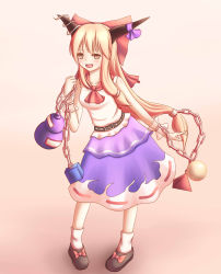 Rule 34 | 1girl, absurdres, ankle socks, belt, blonde hair, bow, chain, cube, cuffs, dior-zi, fang, footwear ribbon, gourd, hair bow, highres, horn ornament, horn ribbon, horns, ibuki suika, long hair, looking at viewer, low-tied long hair, open mouth, orb, pigeon-toed, pink background, pyramid (geometry), ribbon, shackles, shadow, shirt, simple background, skirt, sleeveless, sleeveless shirt, socks, solo, touhou, very long hair, wrist cuffs, yellow eyes