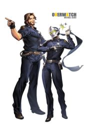 Rule 34 | 2boys, beard, belt, blue pants, blue shirt, breast pocket, brown hair, candy, cassidy (overwatch), character name, copyright name, cyborg, facial hair, fingerless gloves, food, genji (overwatch), gloves, highres, lollipop, looking at viewer, mask, multiple boys, one eye closed, overwatch, pants, pocket, police, police badge, police uniform, shirt, smile, to@st, uniform, white background