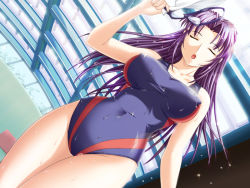 Rule 34 | 1girl, boin ni kakero!, breasts, competition swimsuit, covered erect nipples, dutch angle, closed eyes, game cg, goggles, himeno hitomi, huge breasts, large breasts, long hair, non-web source, one-piece swimsuit, purple hair, senbata-rou, single vertical stripe, solo, swim cap, swimsuit, wet