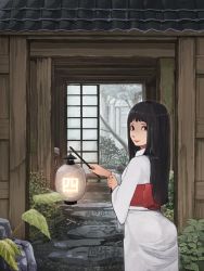 Rule 34 | 1girl, absurdres, ass, black eyes, black hair, bone, closed mouth, commentary request, cowboy shot, from behind, highres, holding, holding lantern, japanese clothes, kimono, lantern, leaf, lipstick, long hair, long sleeves, looking at viewer, looking back, makeup, nature, obi, original, sash, shouji, skull, sliding doors, solo, standing, stone walkway, tayuta., the game of life (board game), translated, tree, white kimono, wooden floor