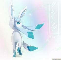 Rule 34 | animal focus, aqua hair, artist name, blank eyes, blue eyes, blue hair, blue theme, character name, closed mouth, creatures (company), dated, eryz, full body, game freak, gen 4 pokemon, glaceon, highres, japanese text, leg up, long hair, looking to the side, looking up, multicolored hair, nintendo, no humans, pokedex number, pokemon, pokemon (creature), profile, signature, solo, sparkle, standing, translated, twintails, twitter username, two-tone hair, watermark