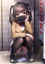 Rule 34 | 1girl, black footwear, black mask, black thighhighs, blazer, blunt bangs, bow, bowtie, brick floor, brick wall, briefcase, brown jacket, cellphone, collared shirt, commentary request, fingernails, full body, hair ornament, hairclip, highres, jacket, ken ill, loafers, long hair, long sleeves, looking at viewer, mask, mouth mask, original, paid reward available, panties, panty focus, phone, purple eyes, red bow, red bowtie, school briefcase, school uniform, shirt, shoes, smartphone, solo, squatting, surgical mask, thighhighs, twintails, underwear, very long fingernails, white panties, white shirt