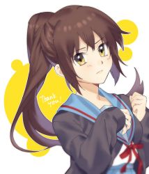Rule 34 | 1girl, blue sailor collar, blue skirt, brown cardigan, brown eyes, brown hair, cardigan, closed mouth, commentary request, commission, genderswap, genderswap (mtf), ikesawa 99, kita high school uniform, kyonko, long hair, long sleeves, looking at viewer, open cardigan, open clothes, ponytail, red ribbon, ribbon, sailor collar, school uniform, serafuku, skeb commission, skirt, solo, suzumiya haruhi no yuuutsu, thank you, upper body