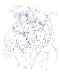 Rule 34 | 00s, 2girls, bare shoulders, breasts, cleavage, clothes lift, fate testarossa, grabbing, grabbing another&#039;s breast, johnny (from scratch), large breasts, long hair, lyrical nanoha, magical girl, mahou shoujo lyrical nanoha, mahou shoujo lyrical nanoha strikers, midriff, monochrome, multiple girls, panties, shirt lift, sketch, takamachi nanoha, takamachi nanoha (exceed mode), twintails, underwear