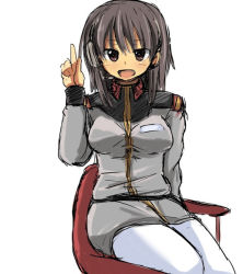 Rule 34 | 1girl, breasts, brown eyes, chair, female focus, gundam, gundam lost war chronicles, headset, military, military uniform, noel anderson, simple background, sitting, solo, uniform, white background