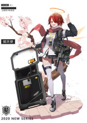 Rule 34 | 1girl, 2020, :d, absurdres, alternate costume, arknights, ballistic shield, bandages, black jacket, black skirt, blush, breasts, character name, cherry blossoms, exusiai (arknights), full body, grey footwear, gun, hair over one eye, halo, hamachi hazuki, hand up, highres, holster, jacket, long sleeves, looking at viewer, medium breasts, miniskirt, open mouth, partially translated, planted, pleated skirt, red eyes, red hair, red scarf, riot shield, scarf, shadow, shield, shirt, shoes, short hair, simple background, skirt, smile, solo, standing, thigh holster, thighhighs, thighs, translation request, weapon, white background, white shirt, white thighhighs, zettai ryouiki