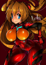 Rule 34 | 1girl, absurdly long hair, alternate breast size, artist request, blue eyes, bodysuit, breasts, brown hair, character name, curvy, feet out of frame, hair between eyes, hand on own hip, highres, interface headset, large breasts, long hair, looking at viewer, narrow waist, neon genesis evangelion, pilot suit, plugsuit, red bodysuit, shiny clothes, smile, solo, souryuu asuka langley, standing, thighs, very long hair, wide hips