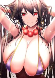 Rule 34 | 1girl, absurdres, armpits, arms behind head, arms up, bare shoulders, bead necklace, beads, bikini, breasts, brown hair, cleavage, earrings, fate/grand order, fate (series), hair between eyes, highres, hoop earrings, huge breasts, jewelry, large breasts, lee-taro, long hair, looking at viewer, necklace, prayer beads, purple bikini, red eyes, solo, swimsuit, xuangzang sanzang (fate)
