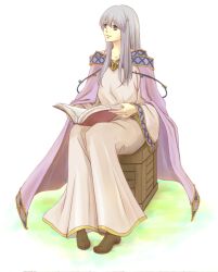 Rule 34 | 1girl, book, cape, circlet, crate, dress, fire emblem, fire emblem: genealogy of the holy war, grey hair, holding, holding book, julia (fire emblem), kanariasan, long hair, nintendo, open book, purple cape, purple eyes, simple background, sitting, smile, solo, wide sleeves