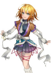 Rule 34 | 1girl, arm warmers, black shirt, black skirt, blonde hair, breasts, bridal gauntlets, brown jacket, commentary request, feet out of frame, green eyes, jacket, layered clothes, looking at viewer, medium breasts, mizuhashi parsee, multicolored clothes, multicolored jacket, parted lips, pointy ears, sash, scarf, sen nagi, shirt, short hair, short sleeves, simple background, skirt, socks, solo, thigh strap, touhou, turtleneck, white background, white sash, white scarf, white socks