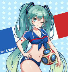 Rule 34 | 1girl, ;), alternate costume, aqua hair, ball, blue background, blue eyes, blue shirt, blush, breasts, chinese commentary, cleavage, collarbone, commentary request, cowboy shot, eyeshadow, french flag, front-tie top, hair between eyes, hair ornament, hand on own hip, hatsune miku, head tilt, holding, jokanhiyou, long hair, looking at viewer, makeup, medium breasts, midriff, navel, one eye closed, pink lips, shirt, smile, soccer, soccer ball, solo, standing, star (symbol), starry background, stomach, thighs, tied shirt, translation request, twintails, very long hair, vocaloid, world cup