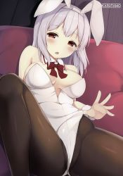 Rule 34 | 1girl, absurdres, animal ears, artist name, bare shoulders, blush, bow, bowtie, breasts, brown pantyhose, cleavage, detached collar, fake animal ears, grey hair, hairband, highres, indoors, karutamo, large breasts, leg up, leotard, medium hair, melonbooks, open mouth, pantyhose, playboy bunny, rabbit ears, red eyes, scan, sitting, solo, tisshu (karutamo)