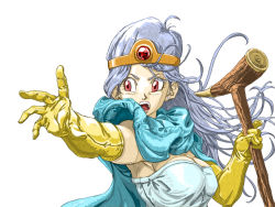 Rule 34 | 1girl, blue hair, blush, breasts, cape, circlet, cleavage, dragon quest, dragon quest iii, elbow gloves, gloves, large breasts, long hair, open mouth, red eyes, resolution mismatch, sage (dq3), solo, source larger, staff