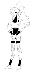 Rule 34 | 1boy, asymmetrical eyes, bow, crop top, cropped jacket, demi (dizzyspells), dizzyspells, exercising, eyelashes, feet, feminine, full body, hair bow, highres, leotard, leotard under clothes, long hair, looking to the side, male focus, no shoes, one-piece swimsuit, open mouth, original, ponytail, sidelocks, swimsuit, trap, white background
