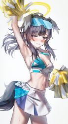 Rule 34 | 1girl, absurdres, animal ears, armpits, black hair, blue archive, blush, breasts, cheerleader, cleavage, dog ears, dog girl, dog tail, grey eyes, halo, han seol, hibiki (blue archive), hibiki (cheer squad) (blue archive), highres, medium breasts, millennium cheerleader outfit (blue archive), pleated skirt, pom pom (cheerleading), ponytail, skirt, solo, star (symbol), sticker on face, tail