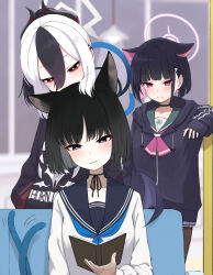 Rule 34 | 3girls, absurdres, animal ears, black choker, black eyes, black hair, black horns, black jacket, black pantyhose, black sailor collar, blue archive, blue halo, blush, book, cat ears, cat tail, choker, colored inner hair, demon horns, grey halo, hair between eyes, halo, highres, holding, holding book, hood, hood down, hooded jacket, horns, indoors, jacket, kayoko (blue archive), kazusa (blue archive), kikyou (blue archive), long hair, long sleeves, motion lines, multicolored hair, multiple girls, multiple tails, neckerchief, open book, open mouth, pantyhose, pink hair, pink halo, pleated skirt, ponytail, pout, red eyes, red neckerchief, sailor collar, school uniform, serafuku, shiroiurushi, short hair, skirt, tail, two tails, white hair, white skirt