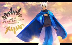 Rule 34 | 1boy, 3yuazr, animal ears, arm at side, blue cape, blue eyes, cape, copyright name, dark-skinned male, dark skin, day, eyepatch, hand up, highres, letterboxed, looking at viewer, male focus, outdoors, pixiv fantasia, pixiv fantasia age of starlight, robe, sheath, sheathed, solo, standing, white hair, wide sleeves