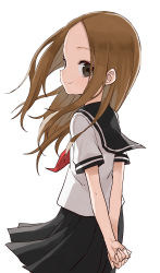 Rule 34 | 1girl, absurdres, arms behind back, black sailor collar, black skirt, brown eyes, brown hair, closed mouth, commentary request, forehead, from behind, highres, karakai jouzu no takagi-san, long hair, neckerchief, official art, parted bangs, pleated skirt, red neckerchief, sailor collar, school uniform, serafuku, shirt, short sleeves, simple background, skirt, smile, solo, takagi-san, white background, white shirt, yamamoto souichirou