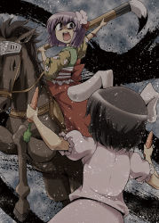 Rule 34 | 2girls, battle, calligraphy brush, carrot, dual wielding, female focus, from behind, hieda no akyuu, holding, horse, inaba tewi, ink, kousei (public planet), multiple girls, open mouth, paintbrush, publicplanet, riding, snow, touhou