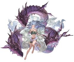 Rule 34 | 1girl, bare shoulders, barefoot, blue eyes, breasts, cleavage, collarbone, dragon, full body, granblue fantasy, long hair, looking at viewer, looking away, medium breasts, midriff, minaba hideo, navel, official art, open mouth, outstretched hand, pointy ears, purple eyes, serious, shorts, strapless, tiamat (granblue fantasy), transparent background, tube top