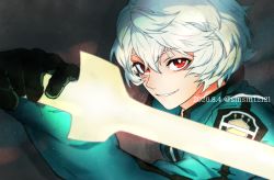 Rule 34 | 1boy, dated, gloves, grin, hair between eyes, holding, holding sword, holding weapon, jacket, kuga yuuma, male focus, red eyes, sinsin12121, smile, solo, sword, twitter username, upper body, weapon, white hair, world trigger