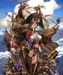 Rule 34 | 1girl, bird, breasts, brown hair, green eyes, hat, highres, looking at viewer, navel, ocean, pectorals, pirate, pirate costume, pirate hat, pirate ship, ship, shirou masamune, small breasts, smile, sword, treasure, treasure chest, watercraft, weapon