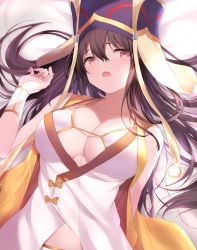 Rule 34 | 1girl, bare shoulders, bikini, bikini top only, blush, breasts, bridal gauntlets, brown hair, cleavage, collarbone, earrings, fate/grand order, fate (series), hair between eyes, hat, headdress, highres, hoop earrings, japanese clothes, jewelry, kimono, large breasts, long hair, looking at viewer, lying, maosame, on back, open mouth, purple eyes, sleeveless, sleeveless kimono, solo, swimsuit, vest, white bikini, white kimono, xuangzang sanzang (fate), yellow vest