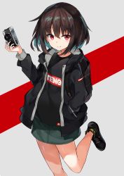 Rule 34 | 1girl, alternate costume, backpack, bag, black footwear, black hair, black jacket, black shirt, camera, casual, clothes writing, commentary request, contemporary, feet out of frame, green skirt, grey background, hair between eyes, hand in pocket, hand up, hide448, highres, holding, holding camera, hood, hooded jacket, jacket, leg up, long sleeves, looking at viewer, miniskirt, no headwear, red background, red eyes, shameimaru aya, shirt, shoes, short hair, skirt, smile, sneakers, solo, standing, standing on one leg, t-shirt, thighs, touhou, two-tone background