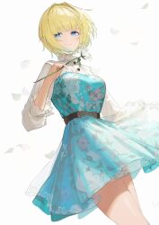 Rule 34 | 1girl, absurdres, aizawa ema, aizawa ema (3rd costume), aqua hair, belt, blonde hair, blue dress, blue eyes, blue nails, blunt bangs, brown belt, dress, floral print, flower, fuwafuwa4560, gradient hair, highres, holding, holding flower, lace-trimmed collar, lace trim, long sleeves, looking at viewer, multicolored hair, rose, see-through skirt layer, shirt, short dress, short hair, simple background, smile, solo, virtual youtuber, vspo!, white background, white flower, white rose, white shirt, wind
