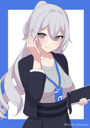 Rule 34 | 1girl, black jacket, black skirt, blue background, blush, breasts, bronya zaychik, bronya zaychik (silverwing: n-ex), character request, check character, collarbone, commentary request, grey eyes, grey hair, grey shirt, hair between eyes, hand up, high-waist skirt, highres, holding, honkai (series), honkai impact 3rd, jacket, kenjirohayamiti, lanyard, long hair, medium breasts, open clothes, open jacket, pleated skirt, ponytail, shirt, skirt, solo, tablet pc, twitter username, two-tone background, very long hair, white background