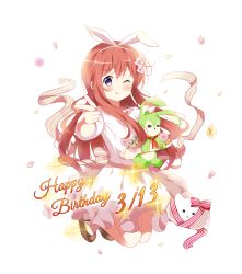 Rule 34 | 1girl, ;q, animal ears, blush, bow, brown footwear, brown hair, closed mouth, commentary request, dated, deyui, fake animal ears, flower, full body, gochuumon wa usagi desu ka?, hair between eyes, hair flower, hair ornament, hairband, happy birthday, highres, hoto mocha, hugging object, long hair, mary janes, one eye closed, petals, pink flower, pointing, pointing at viewer, puffy short sleeves, puffy sleeves, purple eyes, purple flower, rabbit ears, red bow, red ribbon, ribbon, shirt, shoes, short sleeves, simple background, skirt, smile, solo, sparkle, striped bow, striped ribbon, stuffed animal, stuffed rabbit, stuffed toy, tongue, tongue out, very long hair, white background, white flower, white hairband, white shirt, white skirt, yellow flower