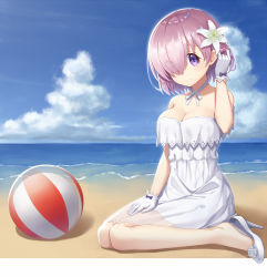 Rule 34 | 1girl, ball, beach, beachball, breasts, cleavage, closed mouth, collarbone, eyes visible through hair, fate/grand order, fate (series), flower, gloves, hair flower, hair ornament, hair over one eye, heijialan, high heels, large breasts, looking at viewer, mash kyrielight, mash kyrielight (formal dress), official alternate costume, purple eyes, purple hair, short hair, sitting, solo, wariza, white gloves