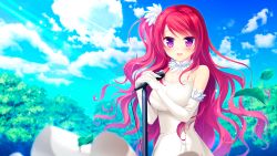 Rule 34 | 1girl, :d, blue sky, blush, breasts, cloud, courreges ace, day, dress, elbow gloves, floating hair, game cg, gloves, hair ornament, highres, holding, holding microphone, large breasts, long dress, long hair, looking at viewer, microphone, microphone stand, official art, open mouth, outdoors, own hands clasped, own hands together, purple eyes, red hair, rinka (watashi ga suki nara &quot;suki&quot; tte itte!), side ponytail, sky, sleeveless, sleeveless dress, smile, solo, standing, swept bangs, very long hair, watashi ga suki nara &quot;suki&quot; tte itte!, wedding dress, white dress, white gloves