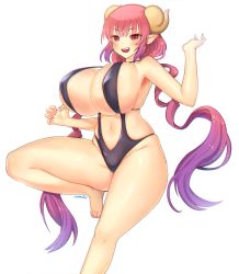 Rule 34 | 1girl, :d, arm up, armpits, artist name, barefoot, black one-piece swimsuit, breasts, claw pose, cleavage, commentary, dragon girl, dragon horns, drill hair, foot out of frame, highres, horns, huge breasts, ilulu (maidragon), impossible clothes, impossible swimsuit, kobayashi-san chi no maidragon, leg up, long hair, looking at viewer, navel, one-piece swimsuit, open mouth, pink eyes, pink hair, pointy ears, raoul (raoul77), simple background, slingshot swimsuit, smile, solo, swimsuit, twin drills, very long hair, white background
