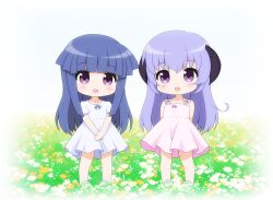Rule 34 | 2girls, :d, arms behind back, blue bow, blue footwear, blunt bangs, blush stickers, bow, chibi, commentary request, dress, field, flower, flower field, furude rika, gaou (babel), hanyuu, higurashi no naku koro ni, horns, long hair, multiple girls, open mouth, orange flower, own hands together, pink bow, pleated dress, purple eyes, purple hair, sandals, short sleeves, sleeveless, sleeveless dress, smile, standing, sundress, very long hair, white background, white dress, white flower