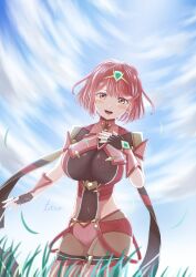 Rule 34 | 1girl, :d, absurdres, blush, breasts, cloud, cloudy sky, core crystal (xenoblade), covered navel, cowboy shot, drop earrings, earrings, fingerless gloves, gloves, grass, highres, jewelry, large breasts, looking at viewer, nintendo, open mouth, pantyhose, pink thighhighs, pyra (xenoblade), red eyes, red hair, red shorts, short hair, shorts, signature, sky, smile, solo, super smash bros., swept bangs, taro (peach taro51), thighhighs, thighhighs over pantyhose, tiara, xenoblade chronicles (series), xenoblade chronicles 2