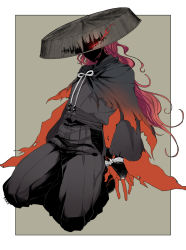 Rule 34 | 1boy, alternate costume, black hair, blood on hands, colored skin, cropped legs, fate/grand order, fate (series), fingerless gloves, flaming eye, fu yukari, gloves, glowing, glowing eye, hair over one eye, hat, japanese clothes, kimono, koha-ace, long hair, male focus, messy hair, okada izou (fate), okada izou (second ascension) (fate), red hair, red skin, sandogasa, simple background, solo, straw hat, torn clothes, yellow eyes