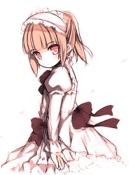 Rule 34 | 1girl, arm at side, blush, bow, brown bow, brown hair, closed mouth, dress, hairband, head tilt, high ponytail, juliet sleeves, kurasuke, lolita fashion, lolita hairband, long hair, long sleeves, looking at viewer, looking to the side, original, puffy sleeves, red eyes, simple background, sketch, solo, white background, white dress