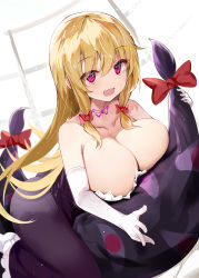 Rule 34 | 1girl, :d, absurdres, bare shoulders, blonde hair, blush, bow, breasts, cleavage, collarbone, efe, elbow gloves, gloves, hair bow, hair ornament, highres, large breasts, looking at viewer, open mouth, purple eyes, red bow, smile, solo, touhou, white gloves, yakumo yukari