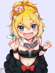 Rule 34 | 1girl, :d, black skirt, blonde hair, blue eyes, blush, bow, bowsette jr., claw pose, commentary, earrings, fang, grey background, hair between eyes, highres, horns, jewelry, looking at viewer, mario (series), midriff, mugcup, navel, new super mario bros. u deluxe, nintendo, open mouth, pointy ears, ponytail, red bow, signature, simple background, skirt, smile, solo, super crown, v-shaped eyebrows, wristband